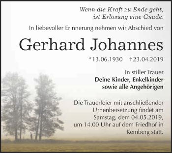 Traueranzeige von Gerhard Johannes von Super Sonntag Wittenberg