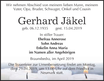 Traueranzeige von Gerhard Jäkel von WVG - Wochenspiegel Merseburg