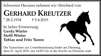 Traueranzeige von Gerhard Kreutzer von Mitteldeutsche Zeitung Halle/Saalkreis