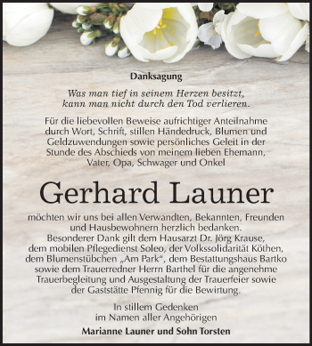 Traueranzeige von Gerhard Launer von Mitteldeutsche Zeitung Köthen