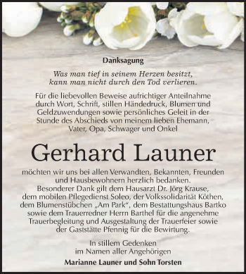 Traueranzeige von Gerhard Launer von WVG - Wochenspiegel Dessau / Köthen
