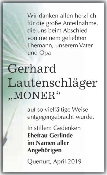 Traueranzeige von Gerhard Lautenschläger von WVG - Wochenspiegel Merseburg