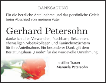 Traueranzeige von Gerhard Petersohn von WVG - Wochenspiegel Dessau / Köthen