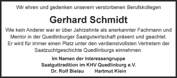 Traueranzeige von Gerhard Schmidt von Super Sonntag Quedlinburg