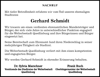 Traueranzeige von Gerhard Schmidt von Mitteldeutsche Zeitung Quedlinburg