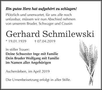 Traueranzeige von Gerhard Schmilewski von Super Sonntag Aschersleben