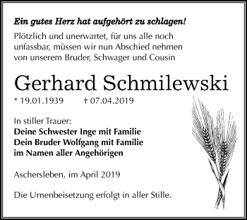 Traueranzeige von Gerhard Schmilewski von Mitteldeutsche Zeitung Aschersleben