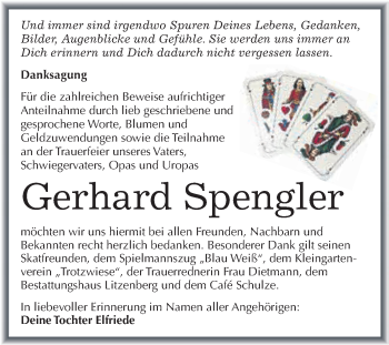 Traueranzeige von Gerhard Spengler von Wochenspiegel Mansfelder Land