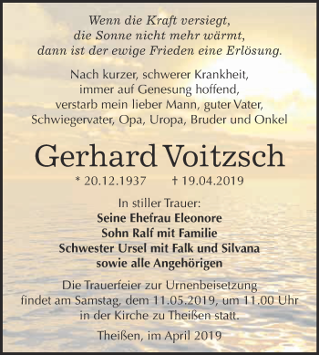 Traueranzeige von Gerhard Voitzsch von WVG - Wochenspiegel NMB / WSF / ZTZ