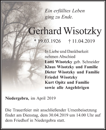 Traueranzeige von Gerhard Wisotzky von Mitteldeutsche Zeitung Sangerhausen