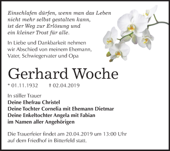 Traueranzeige von Gerhard Woche von Mitteldeutsche Zeitung Bitterfeld