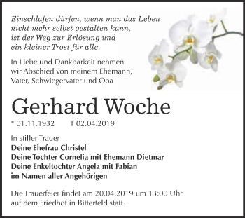 Traueranzeige von Gerhard Woche von WVG - Wochenspiegel Bitterfeld