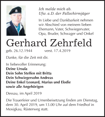 Traueranzeige von Gerhard Zehrfeld von WVG - Wochenspiegel Dessau / Köthen