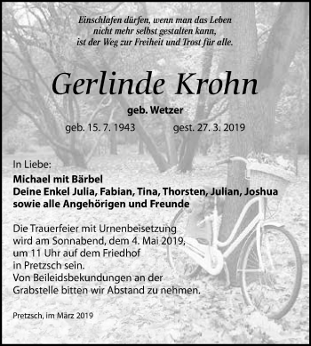 Traueranzeige von Gerlinde Krohn von Super Sonntag Wittenberg