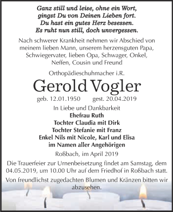 Traueranzeige von Gerold Vogler von WVG - Wochenspiegel Merseburg