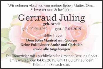 Traueranzeige von Gertraud Juling von Super Sonntag Wittenberg