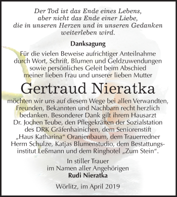 Traueranzeige von Gertraud Nieratka von Mitteldeutsche Zeitung