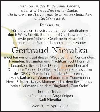 Traueranzeige von Gertraud Nieratka von WVG - Wochenspiegel Wittenberg