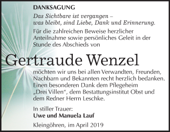 Traueranzeige von Gertraude Wenzel von Mitteldeutsche Zeitung Weißenfels