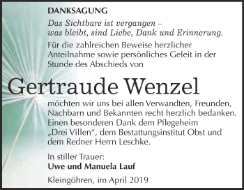 Traueranzeige von Gertraude Wenzel von Super Sonntag Merseburg