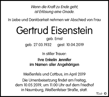 Traueranzeige von Gertrud Eisenstein von WVG - Wochenspiegel NMB / WSF / ZTZ