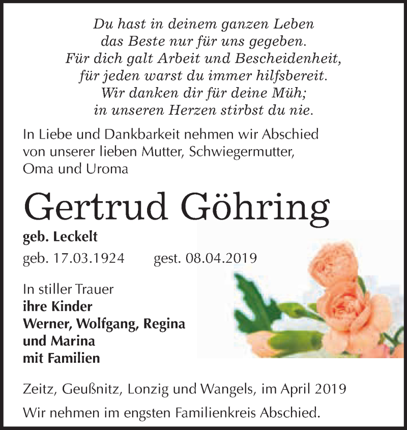 Traueranzeigen von Gertrud Göhring | www.abschied-nehmen.de
