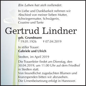 Traueranzeige von Gertrud Lindner von Mitteldeutsche Zeitung Mansfelder Land
