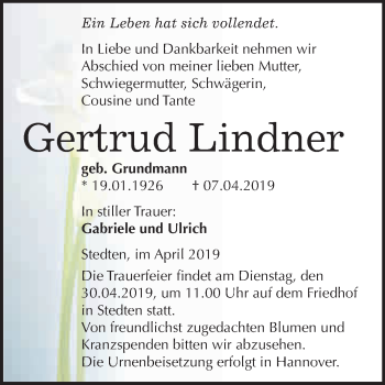 Traueranzeige von Gertrud Lindner von Super Sonntag SGH Mansf. Land