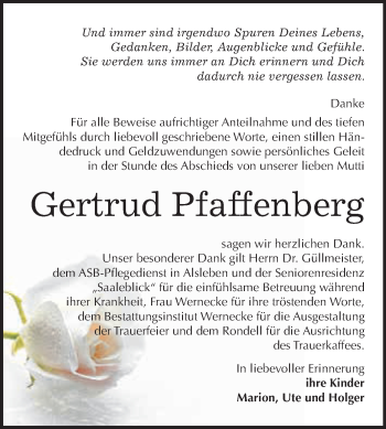 Traueranzeige von Gertrud Pfaffenberg von Wochenspiegel Mansfelder Land