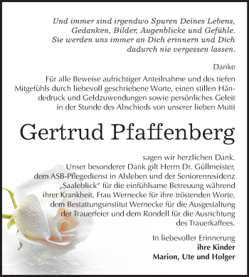 Traueranzeige von Gertrud Pfaffenberg von Mitteldeutsche Zeitung Mansfelder Land