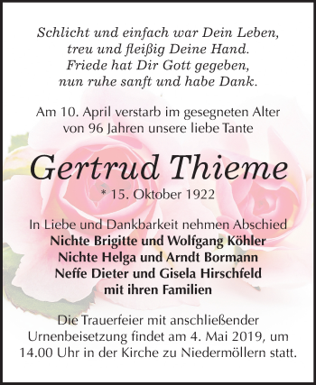 Traueranzeige von Gertrud Thieme von Mitteldeutsche Zeitung Naumburg/Nebra