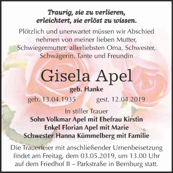 Traueranzeige von Gisela Apel von Super Sonntag Bernburg