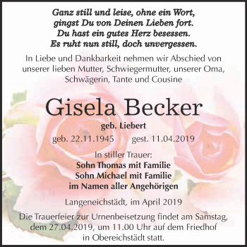 Traueranzeige von Gisela Becker von WVG - Wochenspiegel Merseburg