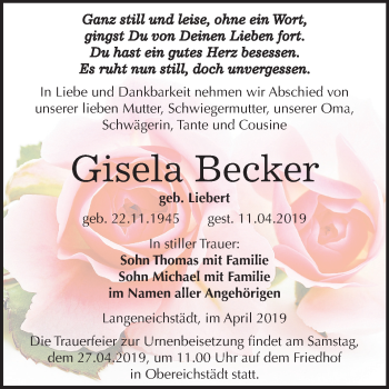 Traueranzeige von Gisela Becker von Mitteldeutsche Zeitung Merseburg/Querfurt