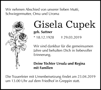 Traueranzeige von Gisela Cupek von Mitteldeutsche Zeitung Bitterfeld
