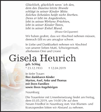 Traueranzeige von Gisela Heurich von WVG - Wochenspiegel NMB / WSF / ZTZ