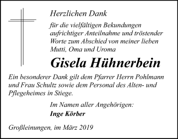 Traueranzeige von Gisela Hühnerbein von Mitteldeutsche Zeitung Sangerhausen