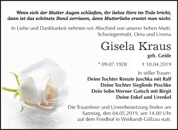 Traueranzeige von Gisela Kraus von WVG - Wochenspiegel Dessau / Köthen
