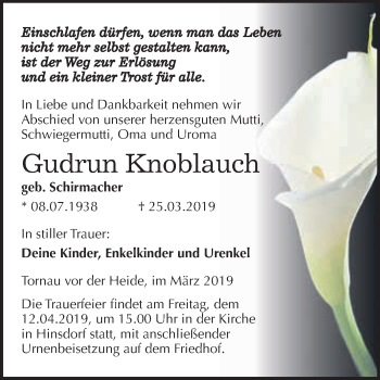 Traueranzeige von Gudrun Knoblauch von WVG - Wochenspiegel Bitterfeld
