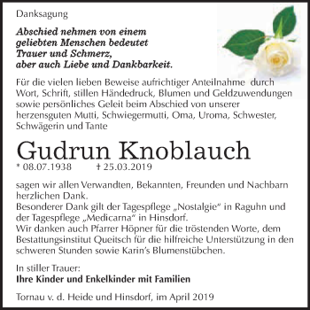 Traueranzeige von Gudrun Knoblauch von WVG - Wochenspiegel Dessau / Köthen