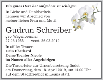 Traueranzeige von Gudrun Schreiber von Mitteldeutsche Zeitung Merseburg/Querfurt
