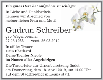 Traueranzeige von Gudrun Schreiber von WVG - Wochenspiegel Merseburg