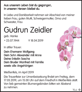 Traueranzeige von Gudrun Zeidler von Mitteldeutsche Zeitung