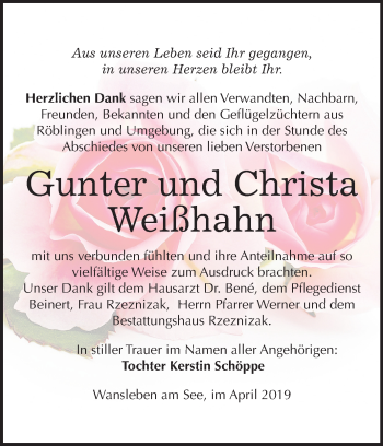 Traueranzeige von Gunter und Christa Weißhahn von Mitteldeutsche Zeitung