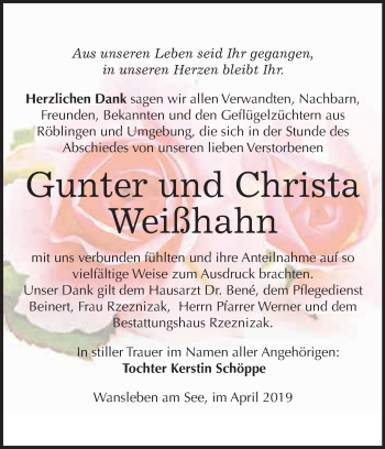 Traueranzeige von Gunter und Christa Weißhahn von Super Sonntag SGH Mansf. Land