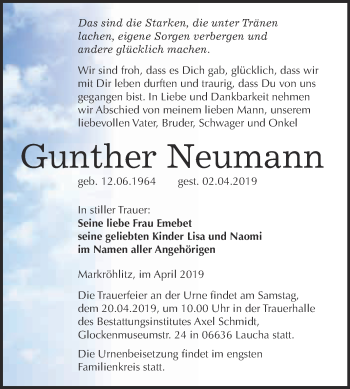 Traueranzeige von Gunther Neumann von WVG - Wochenspiegel NMB / WSF / ZTZ