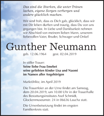 Traueranzeige von Gunther Neumann von Mitteldeutsche Zeitung Weißenfels