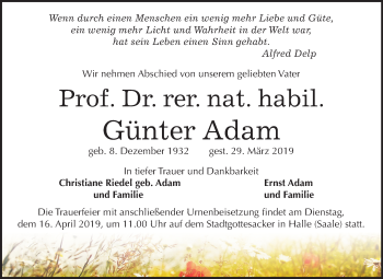 Traueranzeige von Günter Adam von Mitteldeutsche Zeitung Halle/Saalkreis