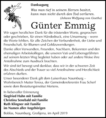 Traueranzeige von Günter Emmig von WVG - Wochenspiegel NMB / WSF / ZTZ