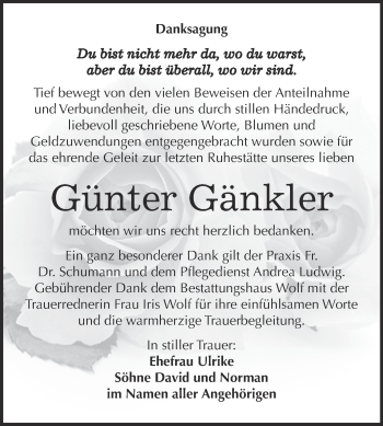Traueranzeige von Günter Gänkler von WVG - Wochenspiegel NMB / WSF / ZTZ